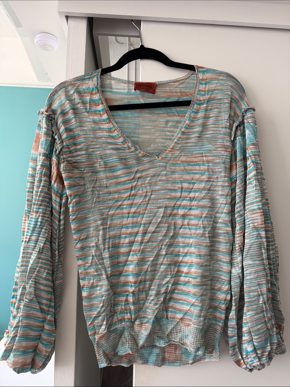 Missoni Striped V-Neck Balloon Sleeve Top in Teal and Coral